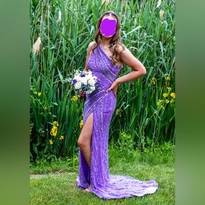 Ashley Lauren Sequin One Shoulder Gown Asymmetrical Lace Up Back, Orchid 11244